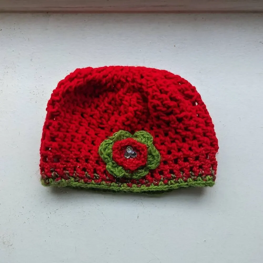 Vintage Y2K Crochet Festival Hat Kawaii Red Chunky Knit Beanie Cute Floral Funky